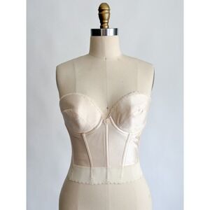 Vintage Bridal Carnival Longline Corset Bra 34D Champagne Satin Lace Low Back